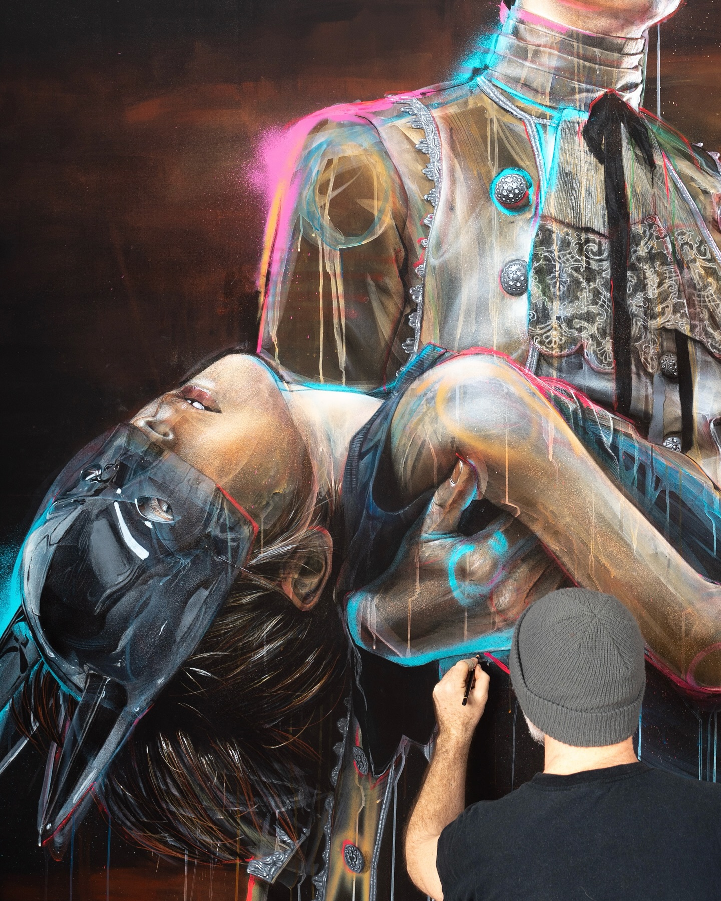 In the quiet studio chaos this 3x2m piece slowly comes to life - one layer, one thought at a time. Work in progress for the upcoming group show @the.uerban.art in #Berlin . 
Honored and excited to share my work alongside such an incredible lineup.

#WorkInProgress #akut_Herakut #UrbanPoetry #CanvasInTheMaking #StreetArtSoul #ArtThatSpeaks #LayerByLayer #StudioStories #BerlinArtScene #GraffitiMeetsCanvas #GroupExhibition #ArtistLineup #GratefulHeart